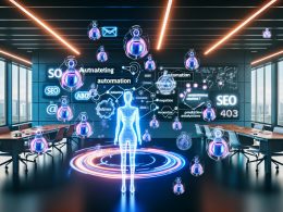 Futuristisches Open-Space-Büro mit Mensch im Zentrum, umgeben von Datenströmen, Diagrammen und digitalen, halbtransparenten KI-Agenten vor Neon-Marketingbegriffen.