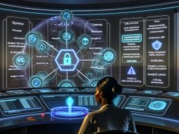 Futuristischer Kontrollraum mit holografischen Dashboards, Proxy-Server als Herzstück, Datenschutz-Symbole und sichere Weiterleitung der Daten an moderne Web-Analytics-Plattformen.