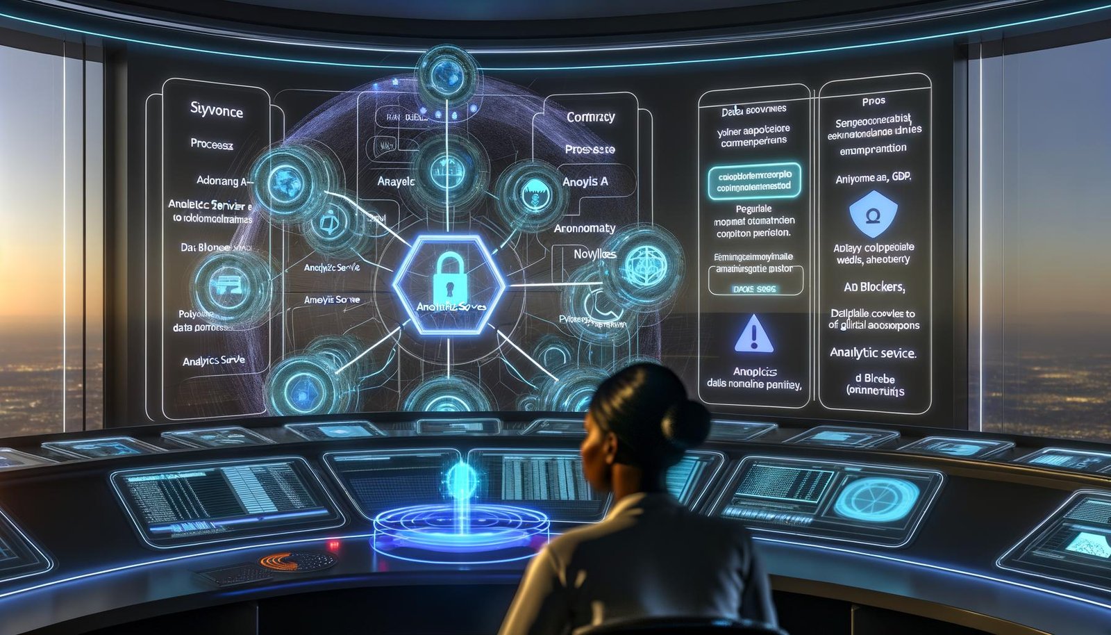 Futuristischer Kontrollraum mit holografischen Dashboards, Proxy-Server als Herzstück, Datenschutz-Symbole und sichere Weiterleitung der Daten an moderne Web-Analytics-Plattformen.