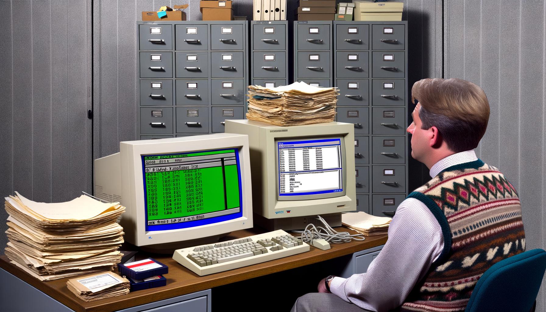 Frustrierter Sachbearbeiter im 90er-Jahre-Büro mit Windows 95 auf Röhrenmonitor, Aktenschränken und Diskettenstapel.