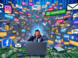 Geschäftsperson steht ratlos vor einer Flut aus digitalen Kanälen, Social Media Icons, Werbebannern und Zahlenströmen im hektischen Online-Marketing-Dschungel 2024.