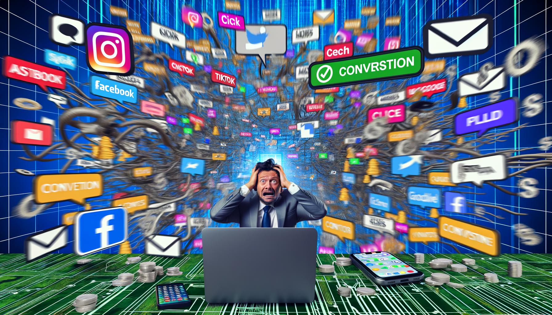 Geschäftsperson steht ratlos vor einer Flut aus digitalen Kanälen, Social Media Icons, Werbebannern und Zahlenströmen im hektischen Online-Marketing-Dschungel 2024.