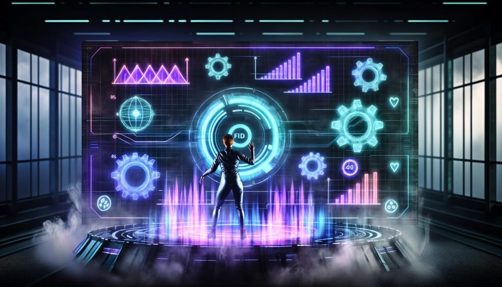 Modern gekleidete Person steht vor einem großen holografischen Dashboard mit animierten Core Web Vitals-Kurven, umgeben von Neonfarben, Zahnrädern und digitalen Marketing-Icons in einem futuristischen Maschinenraum.