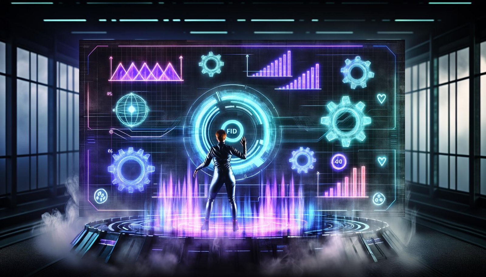 Modern gekleidete Person steht vor einem großen holografischen Dashboard mit animierten Core Web Vitals-Kurven, umgeben von Neonfarben, Zahnrädern und digitalen Marketing-Icons in einem futuristischen Maschinenraum.