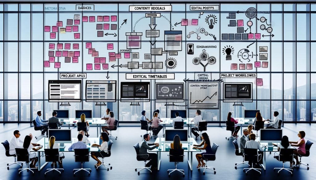 Dynamisches, multikulturelles Redaktionsteam in einem modernen Büro mit digitalen Bildschirmen, Workflow-Boards und Redaktionskalendern.