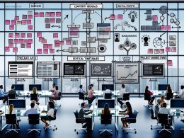 Dynamisches, multikulturelles Redaktionsteam in einem modernen Büro mit digitalen Bildschirmen, Workflow-Boards und Redaktionskalendern.