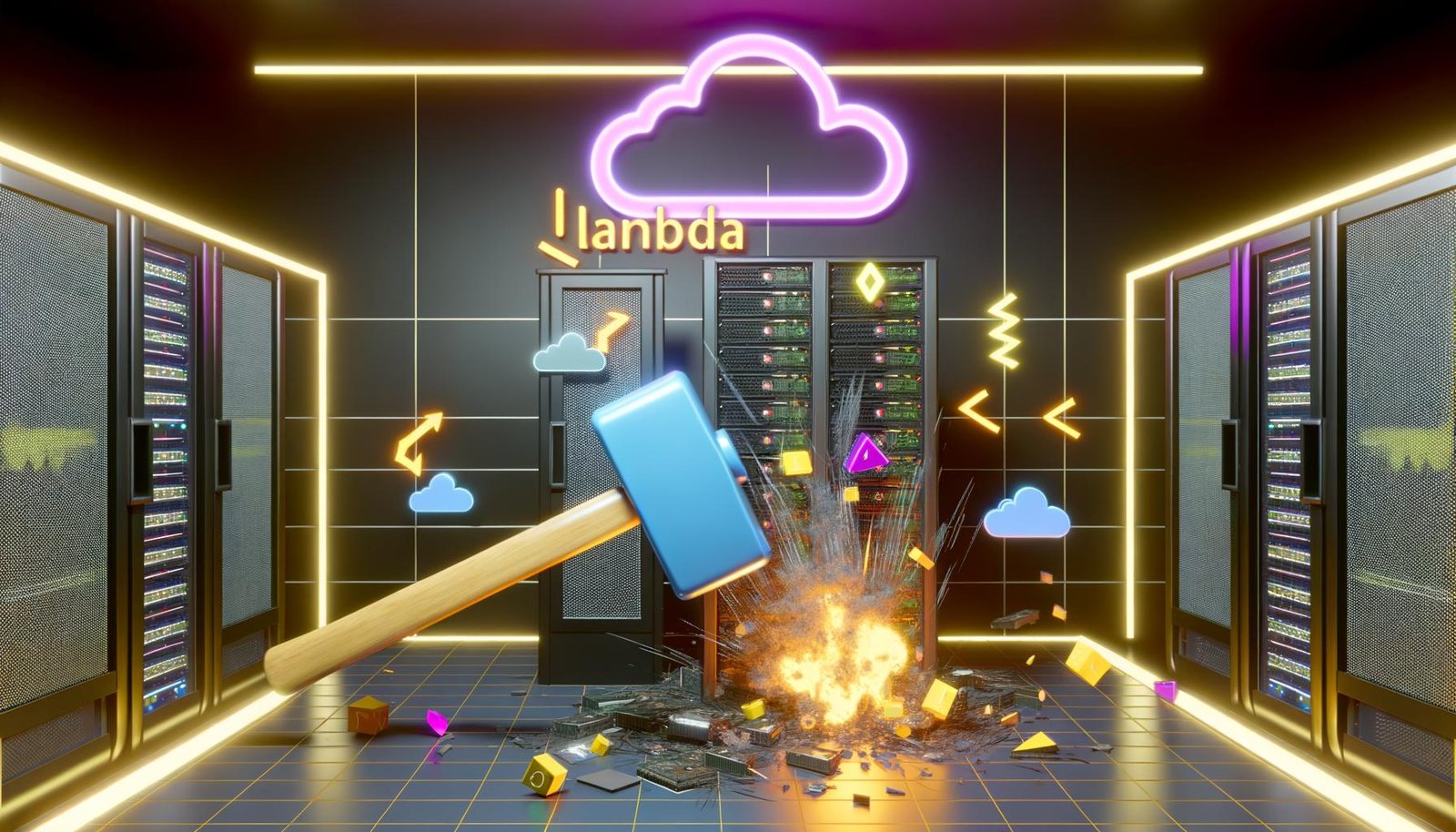 Leuchtender Vorschlaghammer durchbricht Serverracks im dunklen Serverraum, abstrahierte Clouds und AWS Lambda-Logo in Neon, dynamische Strahlen im Hintergrund.