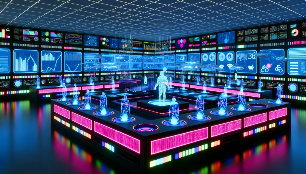 Futuristisches Kontrollzentrum für E-Commerce mit abstrahierten, holographischen KI-Agenten, Datenströmen, digitalen Bildschirmen und moderner Hightech-Architektur.