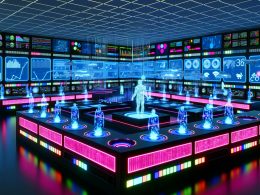 Futuristisches Kontrollzentrum für E-Commerce mit abstrahierten, holographischen KI-Agenten, Datenströmen, digitalen Bildschirmen und moderner Hightech-Architektur.