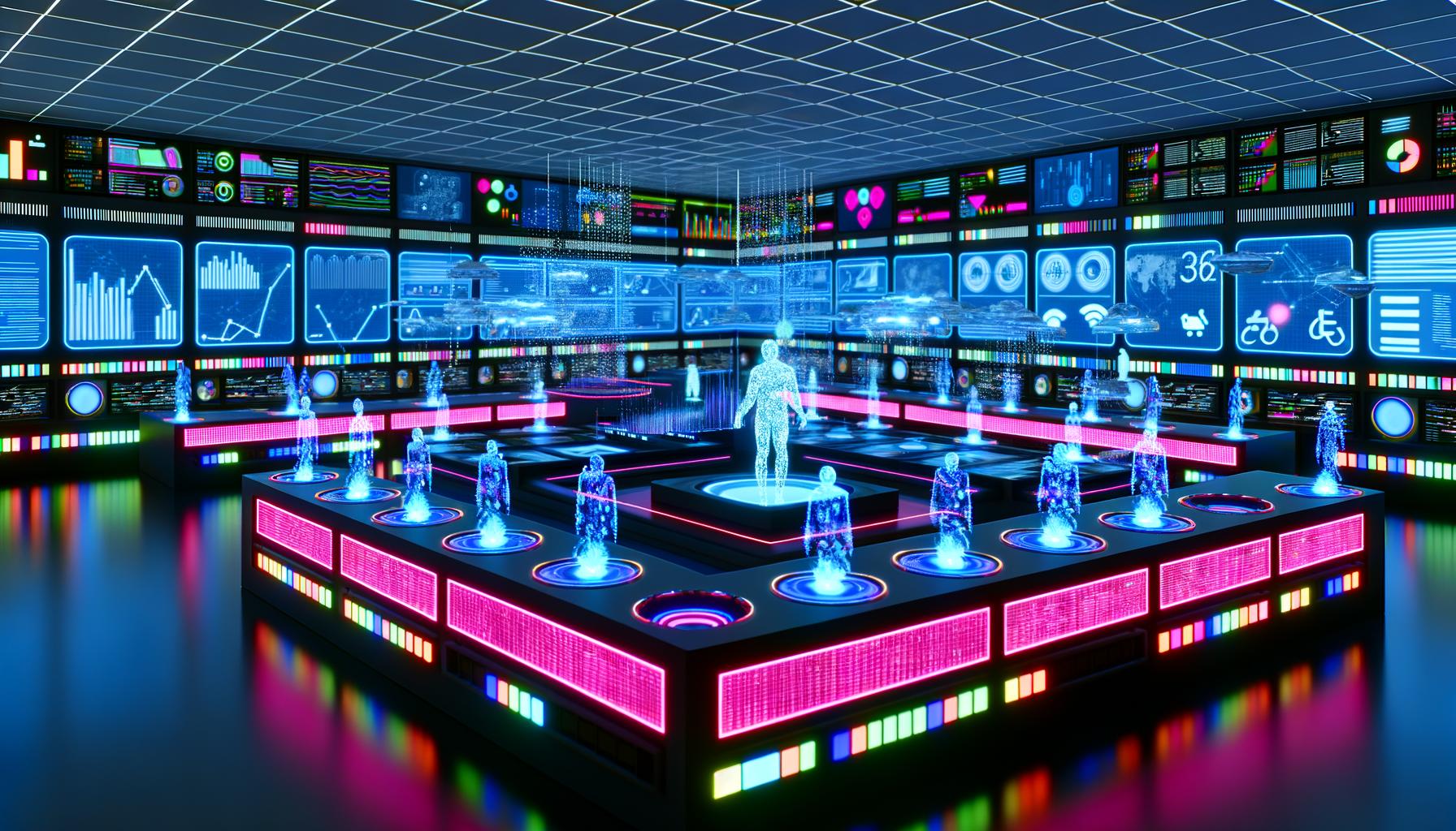 Futuristisches Kontrollzentrum für E-Commerce mit abstrahierten, holographischen KI-Agenten, Datenströmen, digitalen Bildschirmen und moderner Hightech-Architektur.