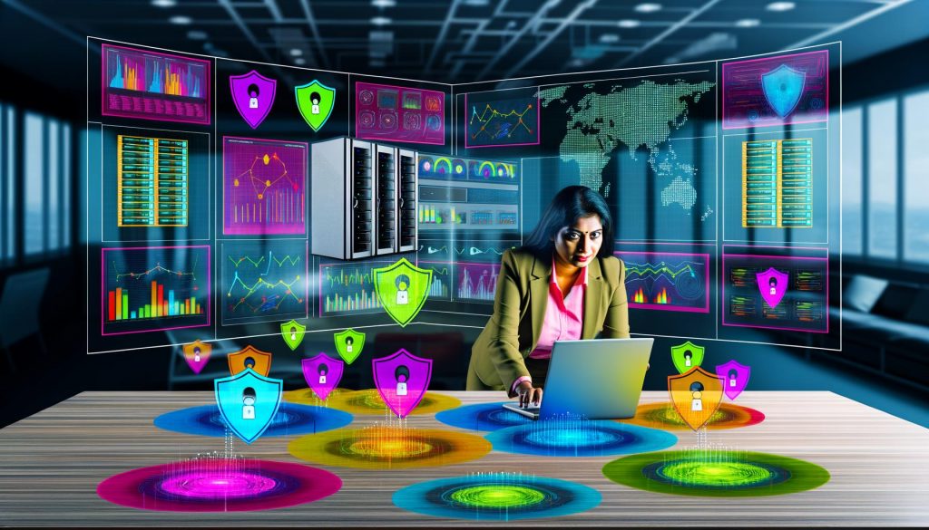 Marketingfachkraft überwacht ein digitales Kontrollzentrum mit Analytics-Dashboards, Datenströmen, Servern und Datenschutz-Icons in einem fortschrittlichen, datengesteuerten Umfeld.