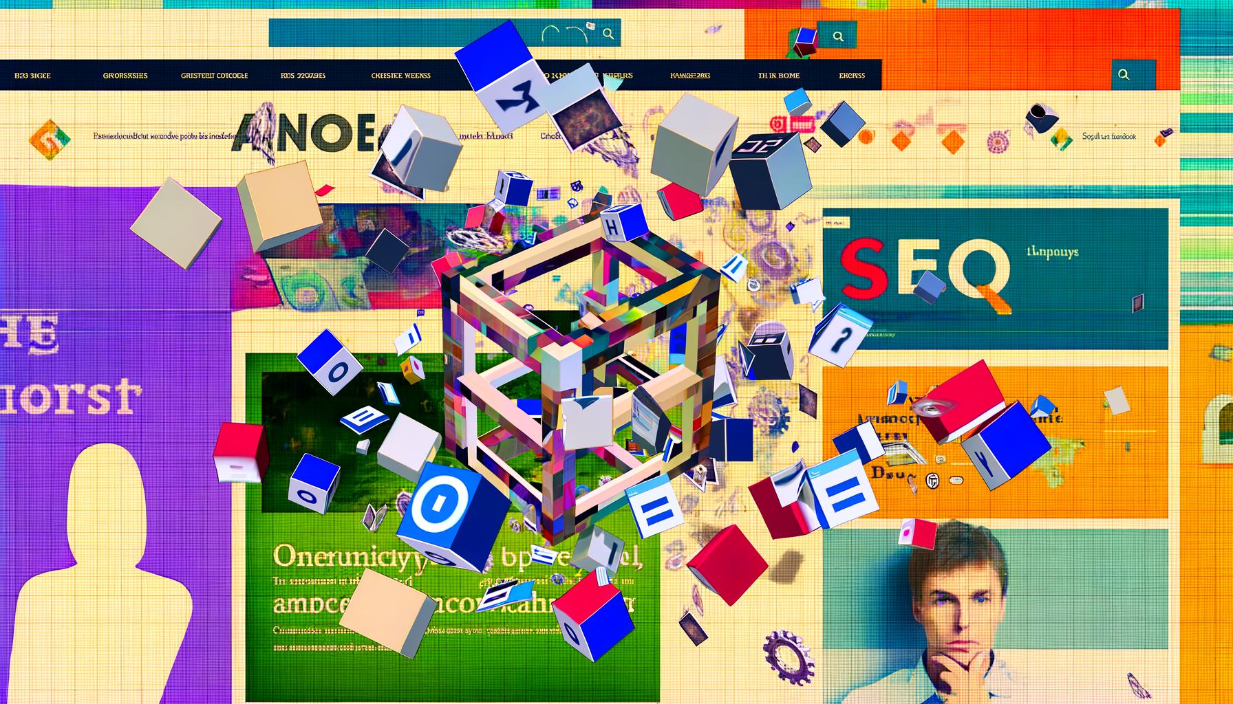 Surreale Collage mit verschobenen Webseiten-Inhaltsblöcken, Google-Logos, abstürzenden SEO-Diagrammen und genervtem Nutzer im stylischen Magazin-Look