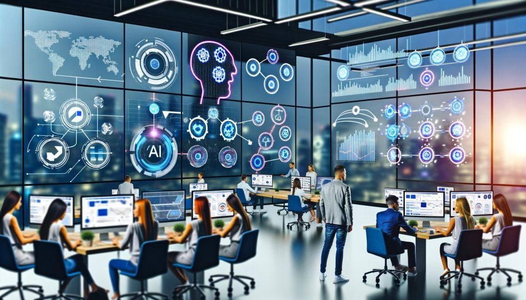 Dynamisches, futuristisches Büro mit Marketing-Profis vor großen Screens voller KPIs, Datenflüssen und Automatisierungsprozessen im Hintergrund.