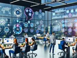 Dynamisches, futuristisches Büro mit Marketing-Profis vor großen Screens voller KPIs, Datenflüssen und Automatisierungsprozessen im Hintergrund.