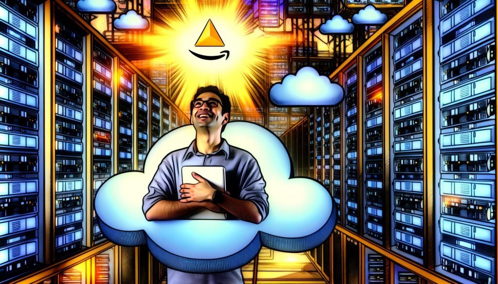 Illustration eines erleichterten Entwicklers, umgeben von schwebenden Serverracks und Code, mit leuchtendem AWS Lambda-Logo und Wolken über ihm als Symbol für den Wechsel von klassischen Servern zu Cloud-Lösungen.