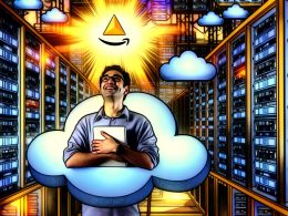 Illustration eines erleichterten Entwicklers, umgeben von schwebenden Serverracks und Code, mit leuchtendem AWS Lambda-Logo und Wolken über ihm als Symbol für den Wechsel von klassischen Servern zu Cloud-Lösungen.