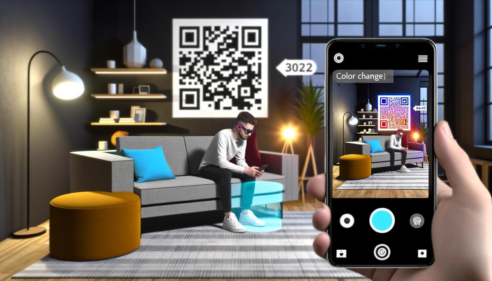 Futuristisches Wohnzimmer mit entspannter Person auf dem Sofa, die per Smartphone ein realistisches 3D-Sofa in den Raum projiziert. Im Hintergrund ist ein QR-Code auf einem Möbel-Prospekt zu sehen.