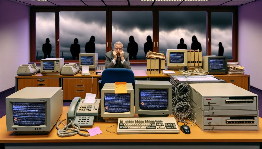 Deutsche Amtsstube der 90er Jahre mit alten Computern, Faxgeräten, ungesicherten Passwörtern am Monitor, Netzwerkwarnungen und gelangweiltem Beamten. Draußen sind Hacker-Schatten zu sehen.