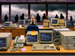 Deutsche Amtsstube der 90er Jahre mit alten Computern, Faxgeräten, ungesicherten Passwörtern am Monitor, Netzwerkwarnungen und gelangweiltem Beamten. Draußen sind Hacker-Schatten zu sehen.