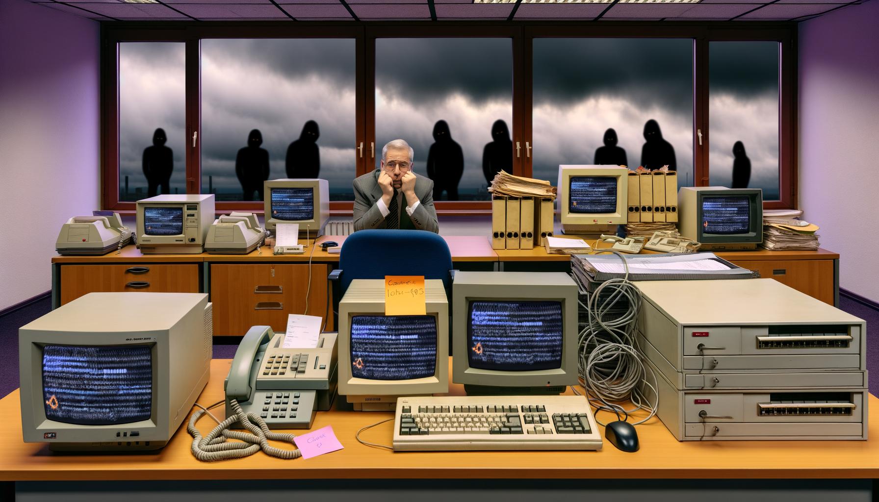 Deutsche Amtsstube der 90er Jahre mit alten Computern, Faxgeräten, ungesicherten Passwörtern am Monitor, Netzwerkwarnungen und gelangweiltem Beamten. Draußen sind Hacker-Schatten zu sehen.