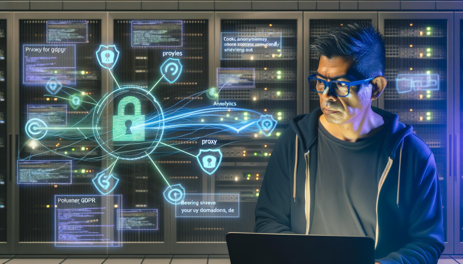 Mittlerer Mann mit Hoodie und Tech-Brille arbeitet fokussiert an einem Laptop vor Serverracks, umgeben von Monitoren mit Analytics-Visualisierungen, Datenschutzsymbolen und abstrakten Datenströmen.