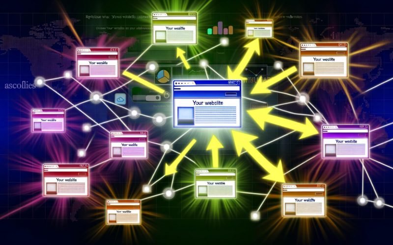 Stilisierte Grafik eines digitalen Netzwerks mit verlinkten Browser-Fenstern, zentraler Website „Deine Website“ und hervorgehobenem Besucherfluss aus verschiedenen Online-Quellen.