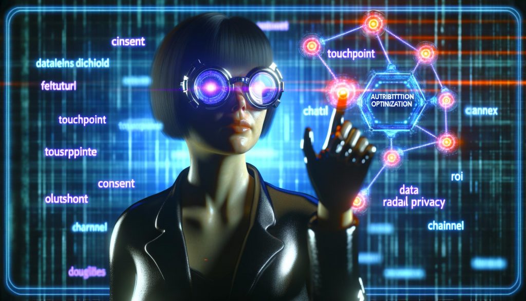 Futuristischer Geschäftsmann mit leuchtender Brille betrachtet schwebende, holografische Diagramme und Datenlinien im Cyberpunk-Stil vor digitalem Matrix-Hintergrund mit Begriffen wie Touchpoint, Consent, Kanal, ROI und Data Privacy.
