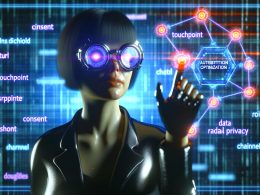 Futuristischer Geschäftsmann mit leuchtender Brille betrachtet schwebende, holografische Diagramme und Datenlinien im Cyberpunk-Stil vor digitalem Matrix-Hintergrund mit Begriffen wie Touchpoint, Consent, Kanal, ROI und Data Privacy.