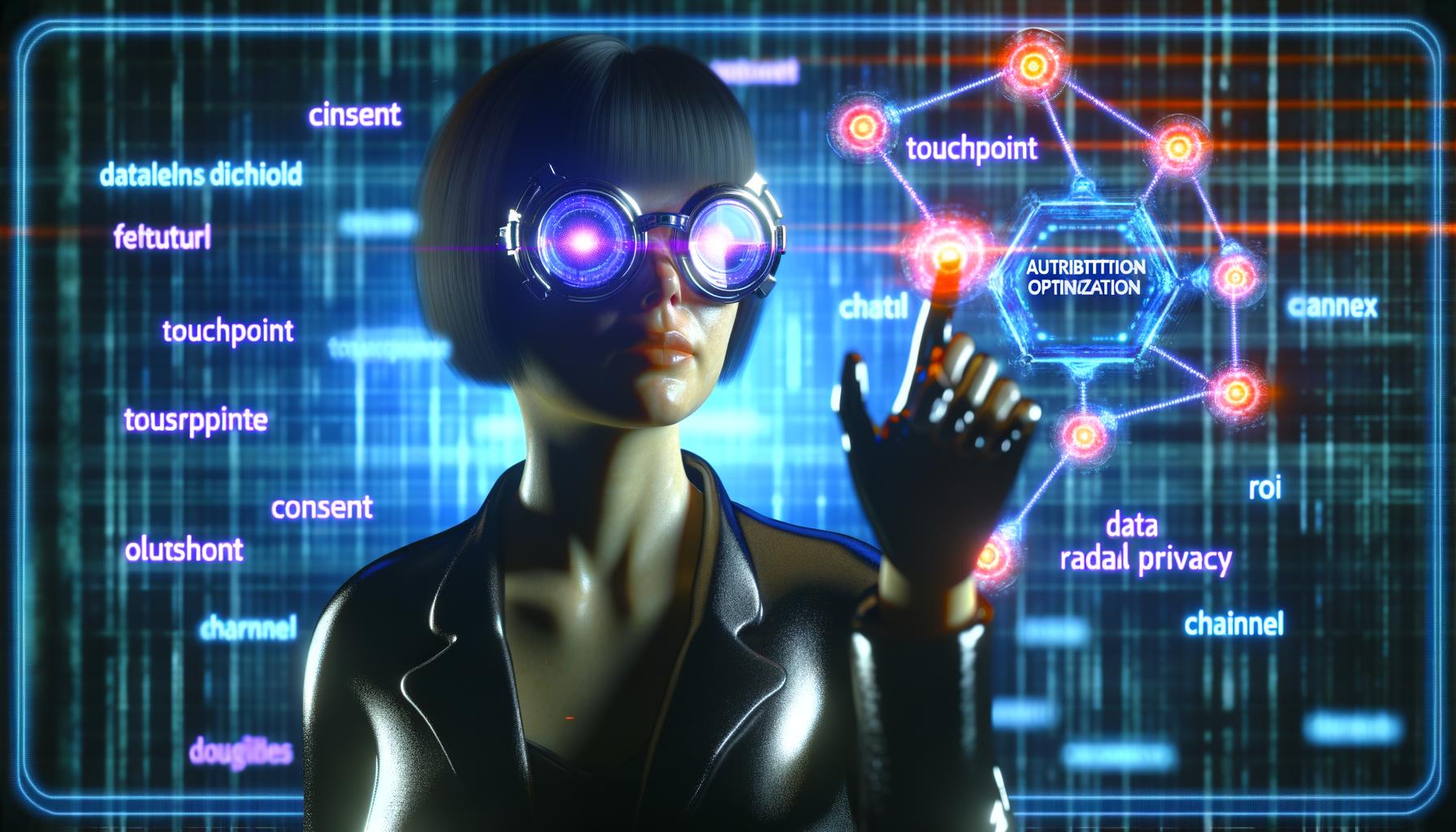 Futuristischer Geschäftsmann mit leuchtender Brille betrachtet schwebende, holografische Diagramme und Datenlinien im Cyberpunk-Stil vor digitalem Matrix-Hintergrund mit Begriffen wie Touchpoint, Consent, Kanal, ROI und Data Privacy.