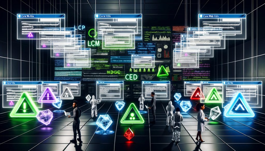 Maschinenraum mit schwebenden Browser-Elementen, Ingenieuren an Monitoren und Core Web Vitals-Symbolen im Vordergrund; angespanntes, innovatives Szenario im digitalen Stil.