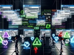 Maschinenraum mit schwebenden Browser-Elementen, Ingenieuren an Monitoren und Core Web Vitals-Symbolen im Vordergrund; angespanntes, innovatives Szenario im digitalen Stil.