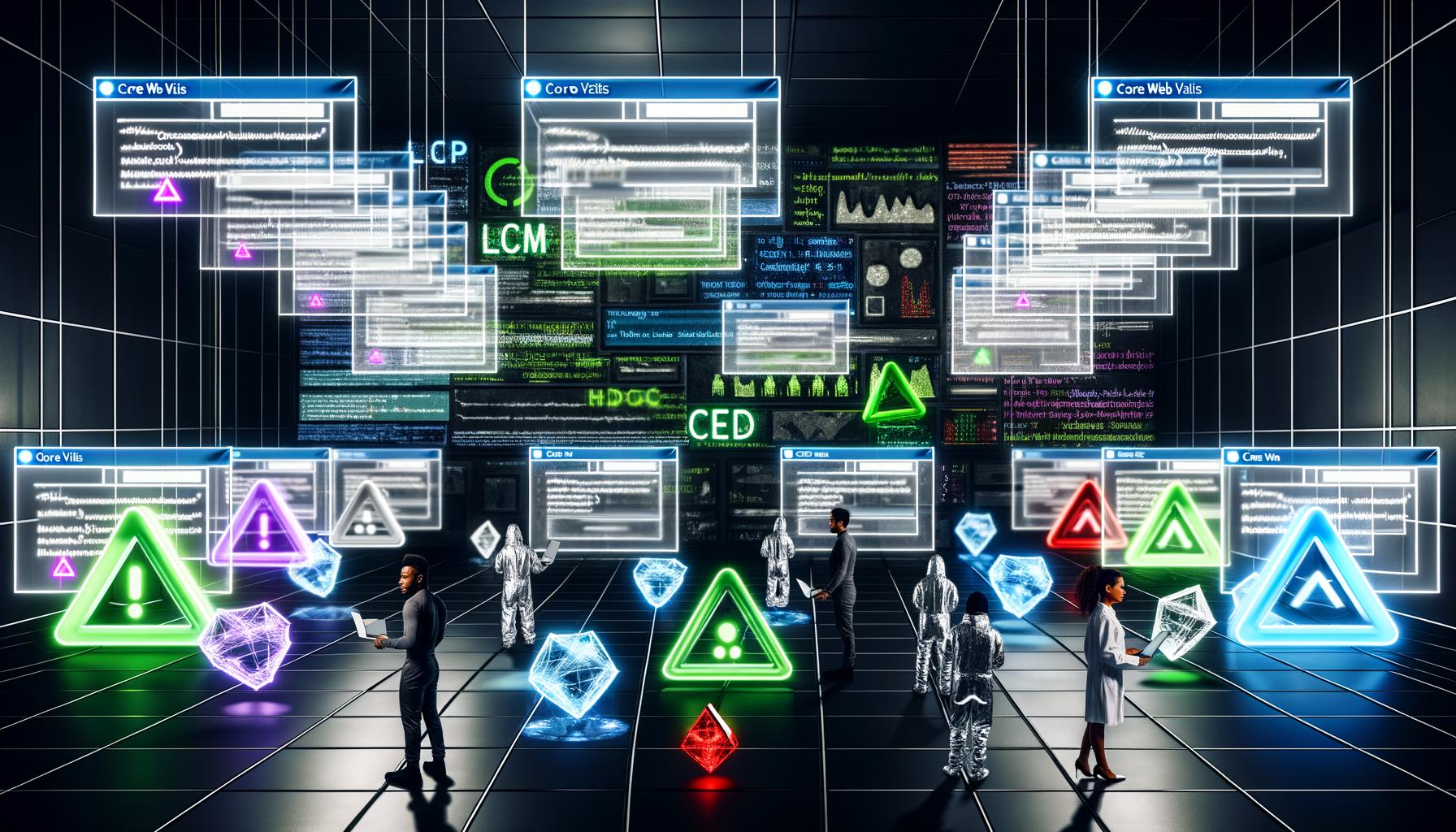 Maschinenraum mit schwebenden Browser-Elementen, Ingenieuren an Monitoren und Core Web Vitals-Symbolen im Vordergrund; angespanntes, innovatives Szenario im digitalen Stil.