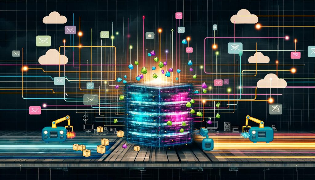 Illustration eines digitalen Ökosystems mit leuchtendem Server, Datenströmen, APIs, verknüpften Tools und Roboterarmen, die Content zu verschiedenen Plattformen verteilen.