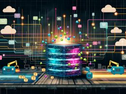 Illustration eines digitalen Ökosystems mit leuchtendem Server, Datenströmen, APIs, verknüpften Tools und Roboterarmen, die Content zu verschiedenen Plattformen verteilen.