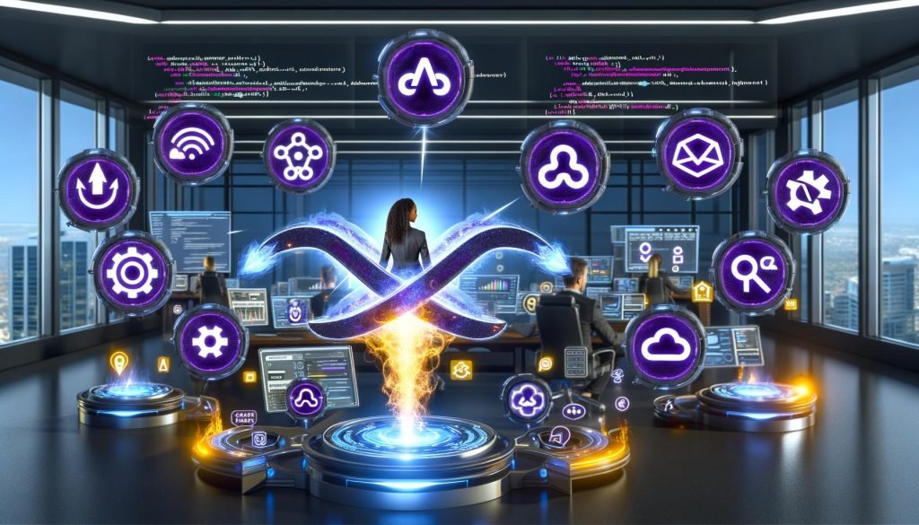 Futuristische Marketing-Team-Szene mit leuchtenden Lambda- und AWS-Symbolen, API-Dashboard und modernen Technologien im Hightech-Büro.