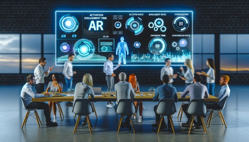 Marketing- und Technik-Team analysiert AR-KPIs an modernen Dashboards mit holografischer 3D-Kampagnenprojektion in einer digitalen Agentur.