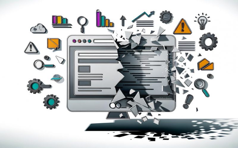 Moderne Illustration zeigt Computerbildschirm, dessen alte graue Benutzeroberfläche auseinanderbricht und einer neuen, farbenfrohen, minimalistischen UI mit responsivem Design, Zahnrädern, Coderahmen, Warnschildern und aufsteigenden SEO-Symbolen weicht.