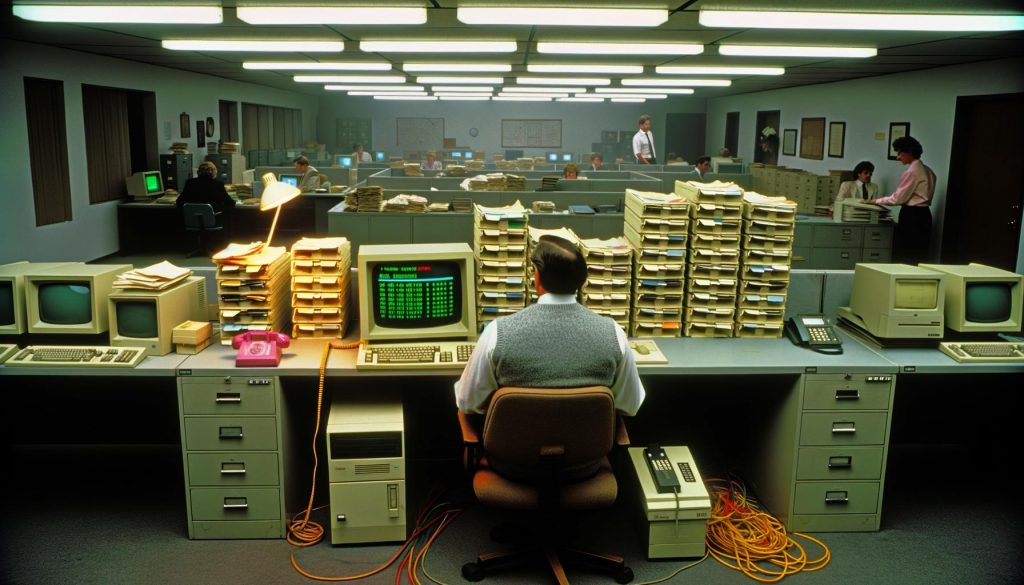 Großraumbüro einer Behörde 1995 mit Sachbearbeiter am IBM-PC, Disketten, alten Röhrenmonitoren, Papierstapeln und Kabelsalat