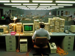 Großraumbüro einer Behörde 1995 mit Sachbearbeiter am IBM-PC, Disketten, alten Röhrenmonitoren, Papierstapeln und Kabelsalat