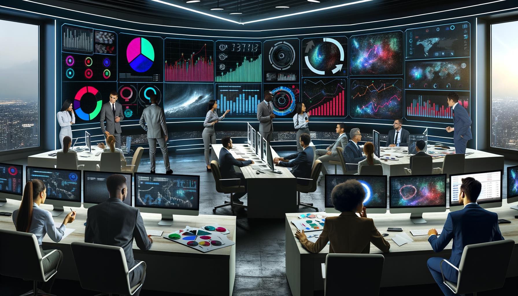 Futuristischer Marketing-Kontrollraum mit Team an Monitoren, Dashboards, bunten Diagrammen und vertiefter Performance-Diskussion, während eine gestresste Vertriebsperson im Hintergrund steht.