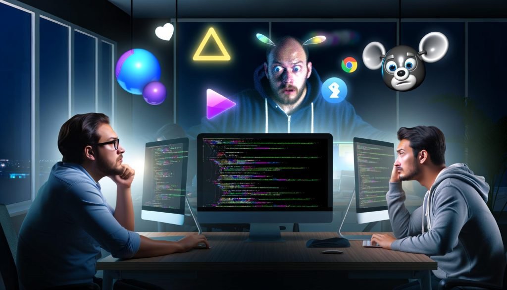 Drei Entwickler:innen in einem nächtlichen Büro vor Monitoren mit JavaScript-Code, Hologramm mit React-, Vue- und Angular-Logos, im Hintergrund ein ratloser Googlebot.