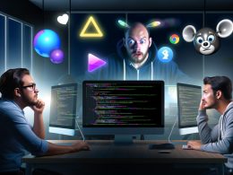 Drei Entwickler:innen in einem nächtlichen Büro vor Monitoren mit JavaScript-Code, Hologramm mit React-, Vue- und Angular-Logos, im Hintergrund ein ratloser Googlebot.