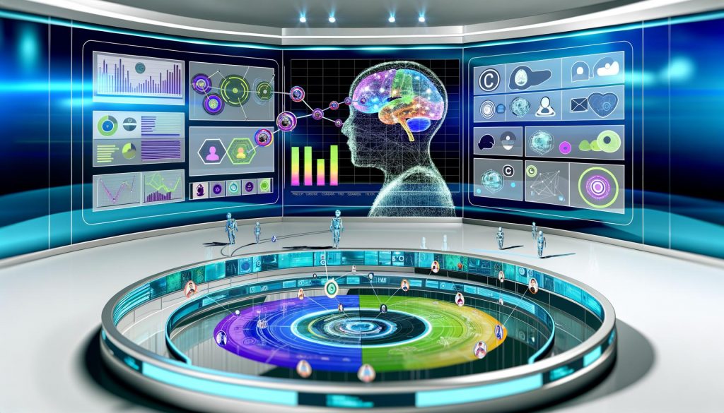 Futuristischer Kontrollraum mit digitaler Oberfläche, KI-Chamäleon-Netzwerk und Multi-Channel-Kommunikations-Icons in elegantem Magazin-Stil.