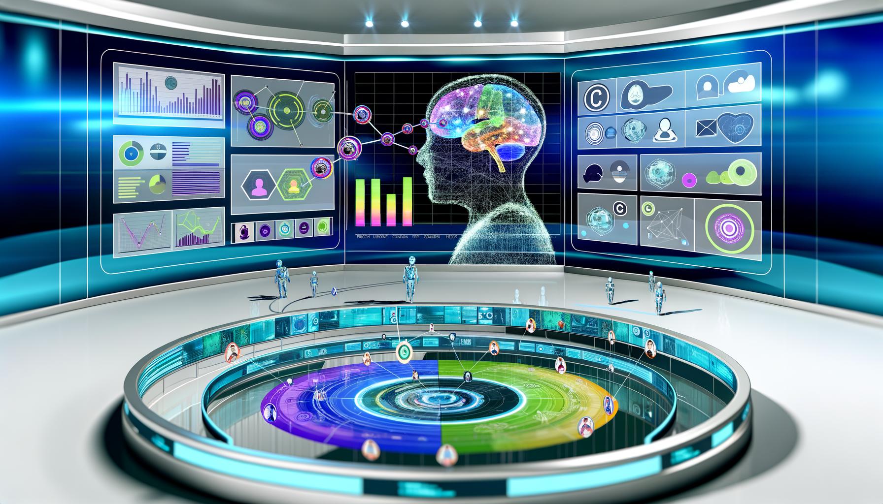 Futuristischer Kontrollraum mit digitaler Oberfläche, KI-Chamäleon-Netzwerk und Multi-Channel-Kommunikations-Icons in elegantem Magazin-Stil.