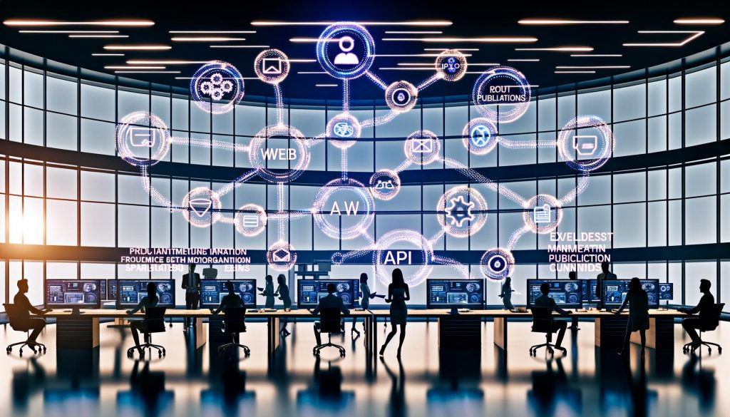 Modernes, helles Büro mit kollaborierenden Profis an Schreibtischen und Displays, die automatisierte Content-Workflows mit KI und API-Verbindungen veranschaulichen