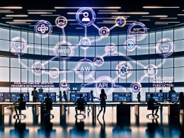 Modernes, helles Büro mit kollaborierenden Profis an Schreibtischen und Displays, die automatisierte Content-Workflows mit KI und API-Verbindungen veranschaulichen