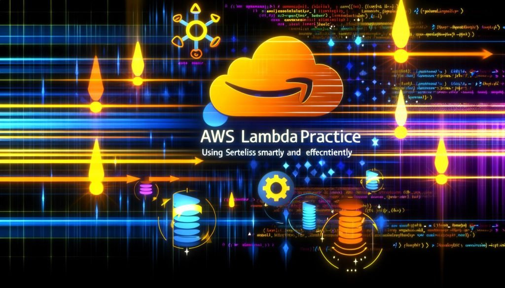 Modernes Titelbild mit abstrahiertem AWS Lambda-Logo, umgeben von hellen Datenströmen, Cloud-Komponenten, Code-Schnipseln, Serverracks und auffälligen Warnsymbolen zu Security, Kosten und Monitoring in kräftigen Blautönen, Orange und Gelb.