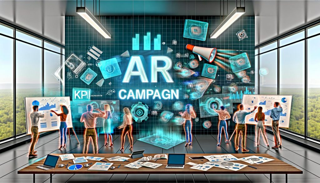 Moderne Arbeitsumgebung mit Marketing- und Technik-Profis, die bunte AR-Kampagnen, KPIs und Storyboards an Whiteboards und digitalen Displays analysieren. Umgeben von digitalen Geräten und Hologrammen technischer Komponenten.