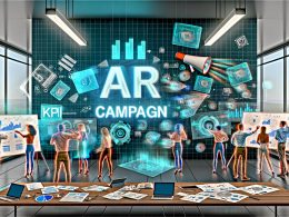 Moderne Arbeitsumgebung mit Marketing- und Technik-Profis, die bunte AR-Kampagnen, KPIs und Storyboards an Whiteboards und digitalen Displays analysieren. Umgeben von digitalen Geräten und Hologrammen technischer Komponenten.