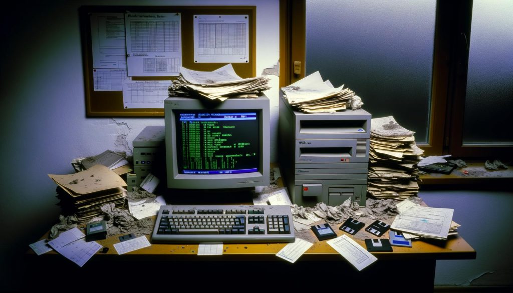 Staubige deutsche Amtsstube in den 90er Jahren mit altem PC, Röhrenmonitor, Disketten und Nadeldrucker auf einem überladenen Schreibtisch.